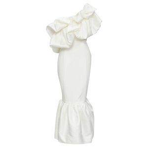 Solace Tove Midi polyester ruffle cascade shoulder flounce dress